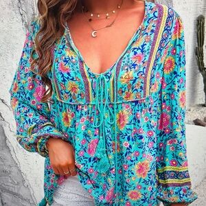 Floral Bohemian Blouse - Blue and Pink